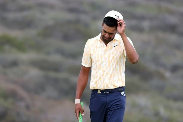 Tony Finau of the United States tips his cap on the third green during the second round of the 2021 U.S. Open at Torrey Pines Golf Course on June 18,...