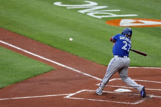 Vladimir Guerrero Jr. #27 of the Toronto Blue Jays bats against the Baltimore Orioles in the first inning at Oriole Park at Camden Yards on June 18,...
