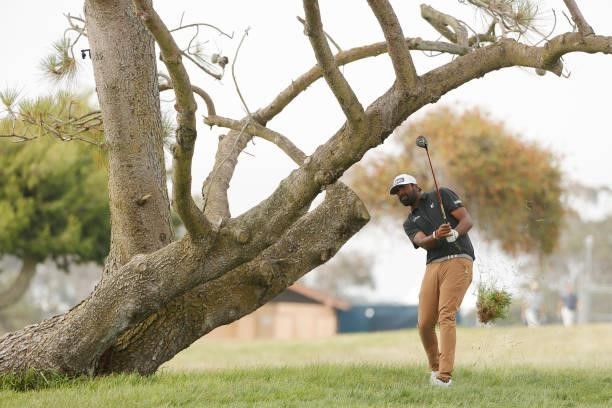 Sahith Theegala of the United States plays a shot during the second round of the 2021 U.S. Open at Torrey Pines Golf Course on June 18, 2021 in San...