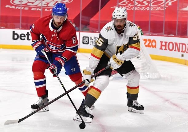 Ben Chiarot of the Montreal Canadiens skates against Keegan Kolesar of the Vegas Golden Knights during the first period in Game Three of the Stanley...