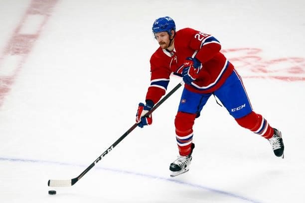 Jeff Petry of the Montreal Canadiens passes the puck against the Vegas Golden Knights during the first period in Game Three of the Stanley Cup...