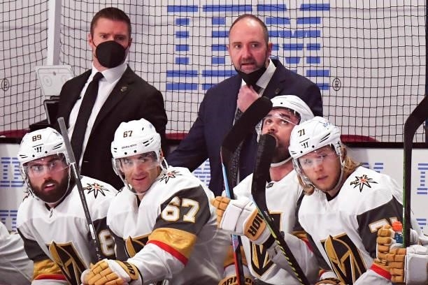 Head coach Peter DeBoer of the Vegas Golden Knights looks on against the Montreal Canadiens during the first period in Game Three of the Stanley Cup...