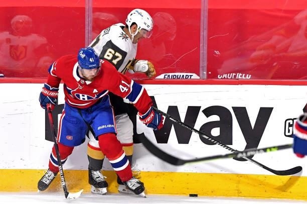 Paul Byron of the Montreal Canadiens checks Max Pacioretty of the Vegas Golden Knights during the first period in Game Three of the Stanley Cup...