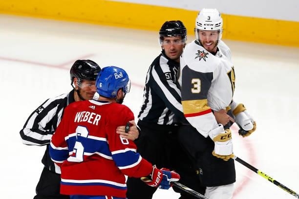 Shea Weber of the Montreal Canadiens and Brayden McNabb of the Vegas Golden Knights exchange words during the second period in Game Three of the...