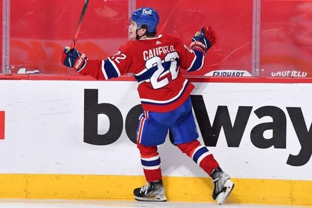 Cole Caufield of the Montreal Canadiens celebrates after scoring a goal against the Vegas Golden Knights during the second period in Game Three of...