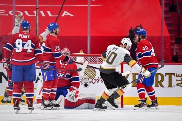 Nicolas Roy of the Vegas Golden Knights celebrates after scoring a goal past Carey Price of the Montreal Canadiens during the second period in Game...