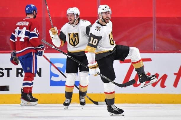 Nicolas Roy of the Vegas Golden Knights celebrates after scoring a goal against the Montreal Canadiens during the second period in Game Three of the...