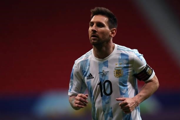 Lionel Messi of Argentina reacts during a group A match between Argentina and Chile as part of Conmebol Copa America Brazil 2021 at Mane Garrincha...