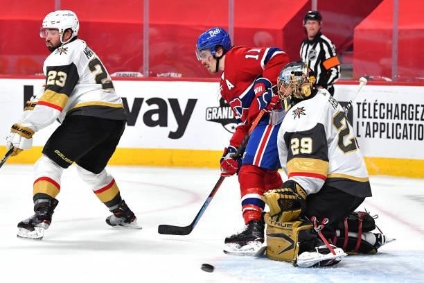 Marc-Andre Fleury of the Vegas Golden Knights tends net against Brendan Gallagher of the Montreal Canadiens during the second period in Game Three of...