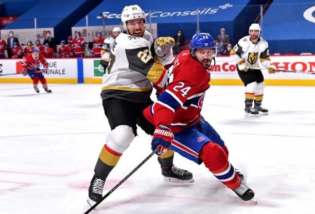 Phillip Danault of the Montreal Canadiens skates against Shea Theodore of the Vegas Golden Knights during the second period in Game Three of the...