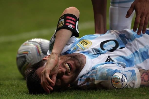 Lionel Messi of Argentina reacts during a group A match between Argentina and Chile as part of Conmebol Copa America Brazil 2021 at Mane Garrincha...
