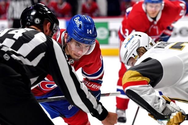 Nick Suzuki of the Montreal Canadiens prepares for the face-off against William Karlsson of the Vegas Golden Knights during the second period in Game...