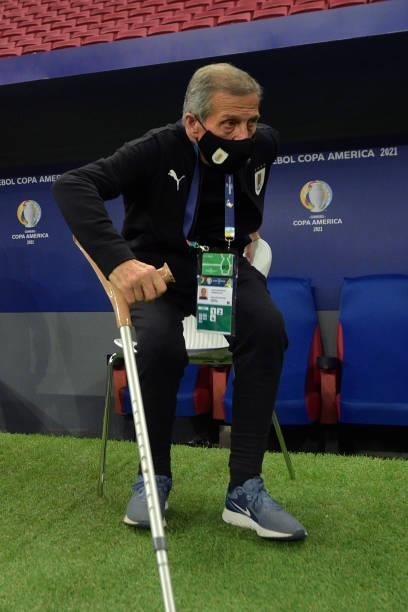 Head coach of Uruguay Oscar Tabarez sits prior to a group A match between Argentina and Chile as part of Conmebol Copa America Brazil 2021 at Mane...