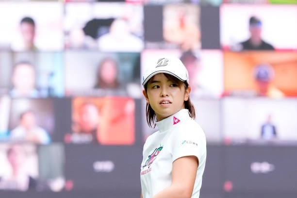 Aya Kinoshita of Japan reacts after her tee shot while fans watch online on the 1st tee during the second round of the Yupiteru Shizuoka Shimbun SBS...
