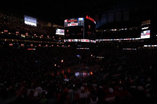 The lights on the court go out as play resumes with just under two minutes left in the fourth quarter in game 6 of the Eastern Conference Semifinals...