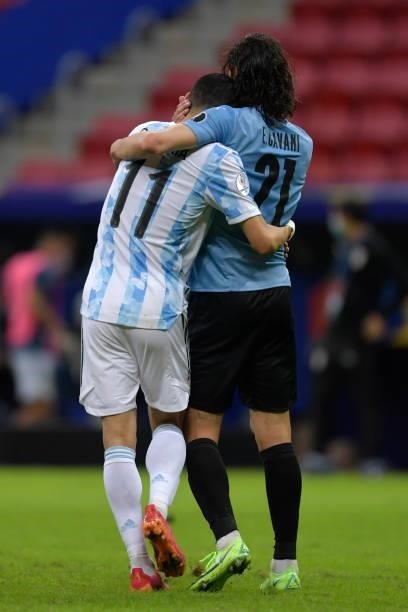 Angel Di Maria of Argentina greets Edinson Cavani of Uruguay after a group A match between Argentina and Chile as part of Conmebol Copa America...