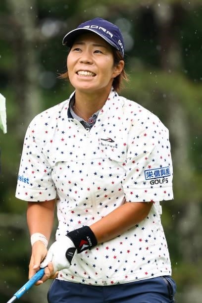 Lala Anai of Japan reacts after her tee shot during the second round of Nichirei Ladies at Sodegaura Country Club Shinsode Course on June 19, 2021 in...