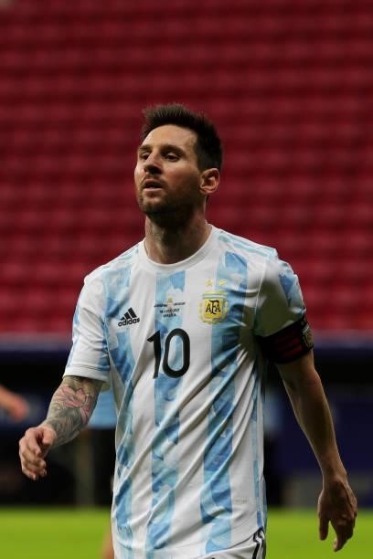 Lionel Messi of Argentina looks on during a group A match between Argentina and Chile as part of Conmebol Copa America Brazil 2021 at Mane Garrincha...