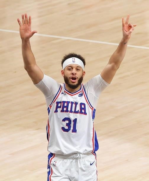 Seth Curry of the Philadelphia 76ers celebrates their 104-99 win over the Atlanta Hawks in game 6 of the Eastern Conference Semifinals at State Farm...