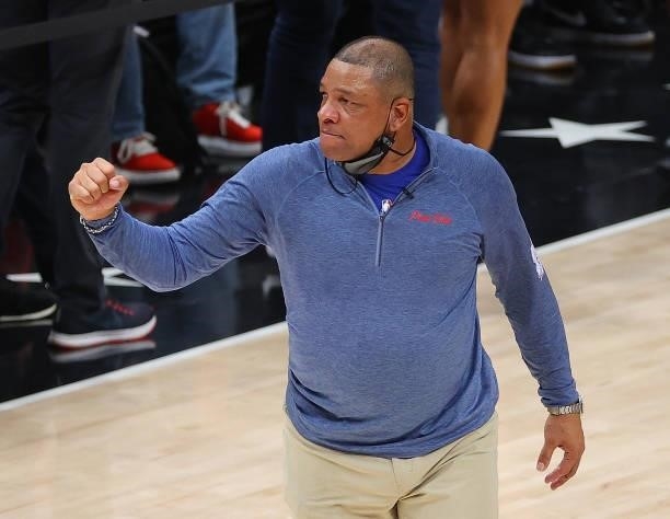 Head coach Doc Rivers of the Philadelphia 76ers reacts after their 104-99 win over the Atlanta Hawks in game 6 of the Eastern Conference Semifinals...