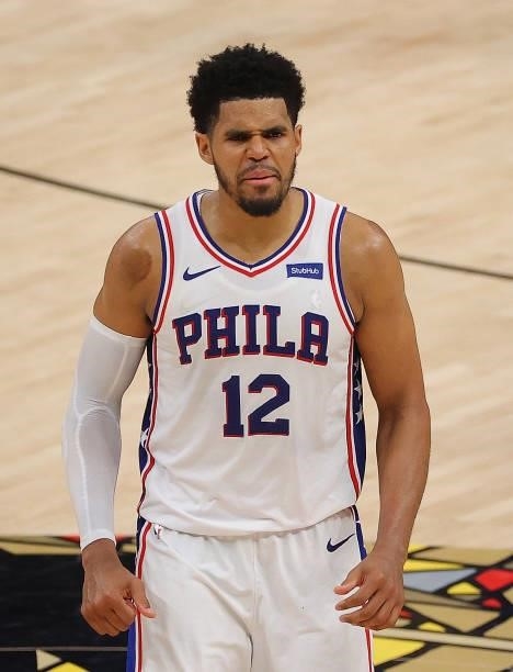 Tobias Harris of the Philadelphia 76ers celebrates their 104-99 win over the Atlanta Hawks in game 6 of the Eastern Conference Semifinals at State...