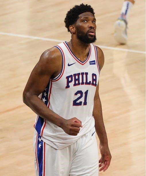 Joel Embiid of the Philadelphia 76ers reacts in the final seconds of their 104-99 win over the Atlanta Hawks in game 6 of the Eastern Conference...