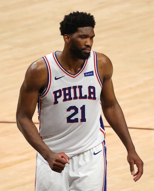 Joel Embiid of the Philadelphia 76ers reacts in the final seconds of their 104-99 win over the Atlanta Hawks in game 6 of the Eastern Conference...