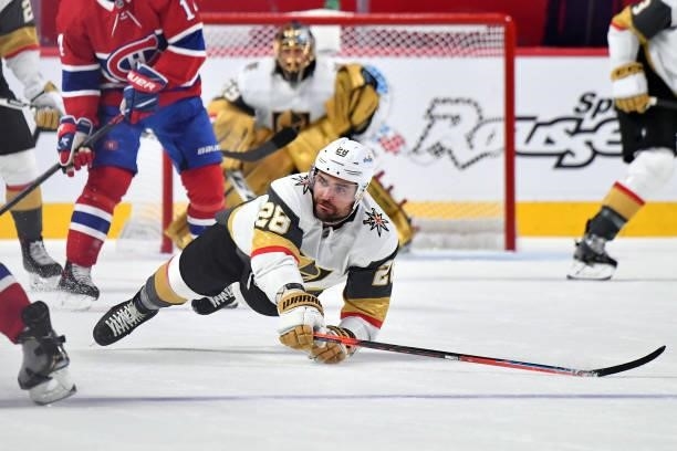 William Carrier of the Vegas Golden Knights dives on defense against the Montreal Canadiens during the third period in Game Three of the Stanley Cup...