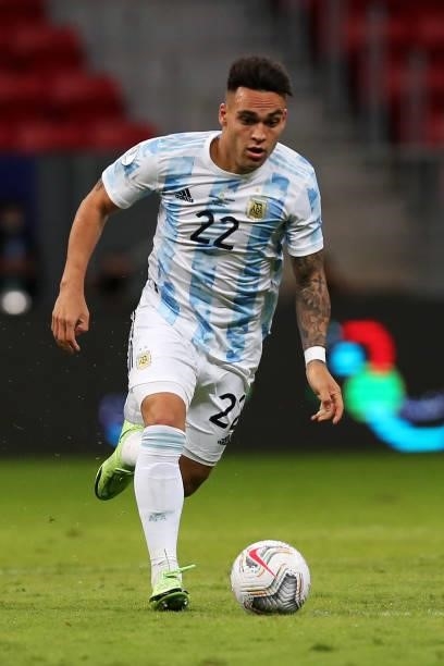 Lautaro Martinez of Argentina controls the ball during a group A match between Argentina and Chile as part of Conmebol Copa America Brazil 2021 at...