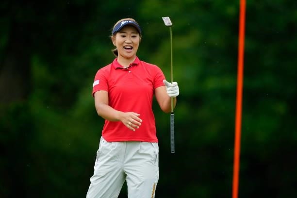 Sakura Kito of Japan reacts after missing the eagle putt on the 5th green during the second round of the Yupiteru Shizuoka Shimbun SBS Ladies at the...