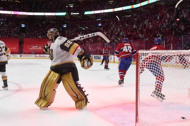 Marc-Andre Fleury of the Vegas Golden Knights reacts after allowing a goal to Josh Anderson of the Montreal Canadiens during the third period in Game...