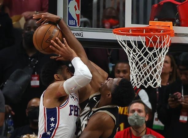 Onyeka Okongwu of the Atlanta Hawks blocks a dunk attempt by Tobias Harris of the Philadelphia 76ers during the second half of game 6 of the Eastern...