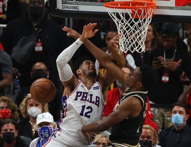 Onyeka Okongwu of the Atlanta Hawks blocks a dunk attempt by Tobias Harris of the Philadelphia 76ers during the second half of game 6 of the Eastern...