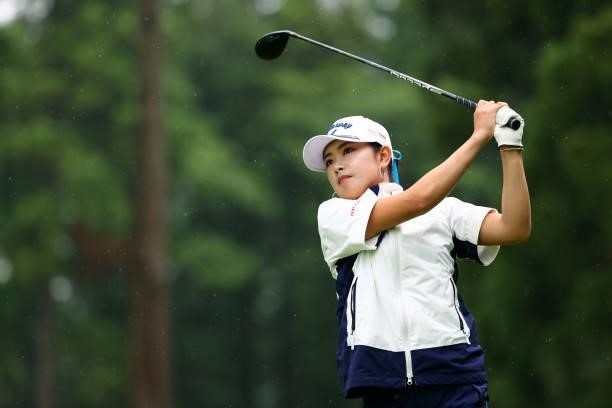 Yui Kawamoto of Japan hits her tee shot on the 8th hole during the second round of Nichirei Ladies at Sodegaura Country Club Shinsode Course on June...
