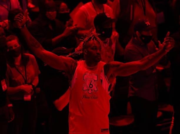Dwight Howard of the Philadelphia 76ers reacts during player introductions prior to game 6 of the Eastern Conference Semifinals against the Atlanta...