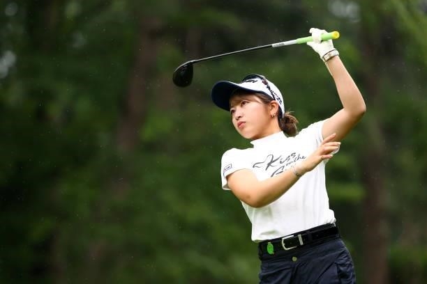 Hikari Tanabe of Japan hits her tee shot on the 8th hole during the second round of Nichirei Ladies at Sodegaura Country Club Shinsode Course on June...