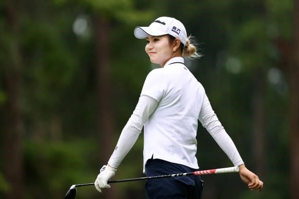 Akira Yamaji of Japan reacts after her tee shot on the 8th hole during the second round of Nichirei Ladies at Sodegaura Country Club Shinsode Course...