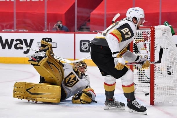 Marc-Andre Fleury of the Vegas Golden Knights reacts after allowing the game-winning goal to Josh Anderson of the Montreal Canadiens during the first...