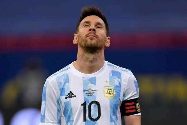Lionel Messi of Argentina looks on prior to a group A match between Argentina and Chile as part of Conmebol Copa America Brazil 2021 at Mane...