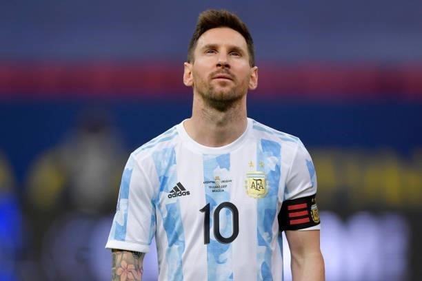 Lionel Messi of Argentina looks on prior to a group A match between Argentina and Chile as part of Conmebol Copa America Brazil 2021 at Mane...