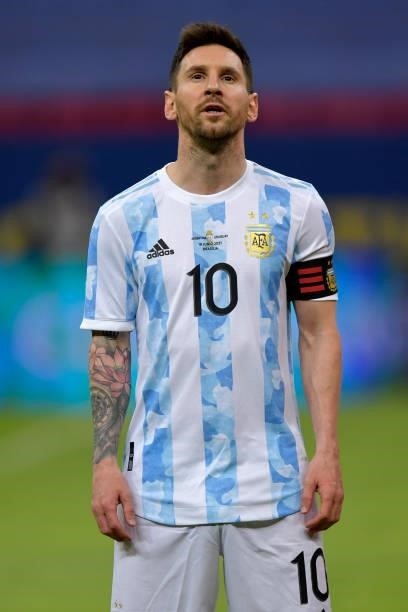 Lionel Messi of Argentina sing s the national anthem prior to a group A match between Argentina and Chile as part of Conmebol Copa America Brazil...