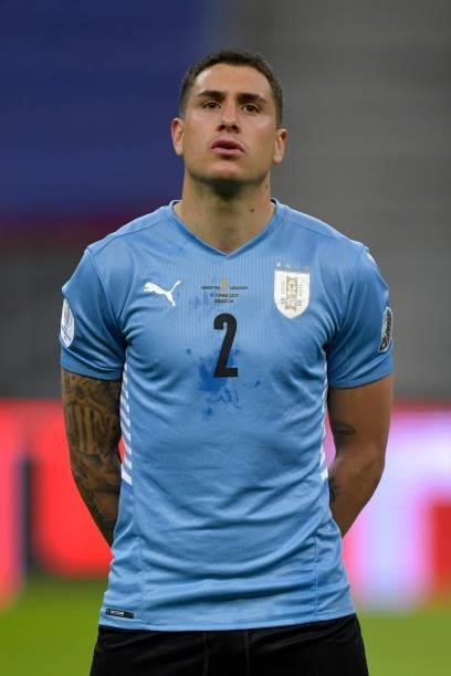 Jose Gimenez of Uruguay looks on prior to a group A match between Argentina and Chile as part of Conmebol Copa America Brazil 2021 at Mane Garrincha...