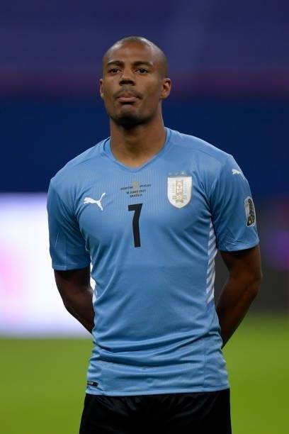 Nicolas De La Cruz of Uruguay looks on prior to a group A match between Argentina and Chile as part of Conmebol Copa America Brazil 2021 at Mane...