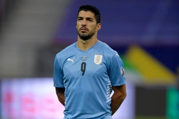 Luis Suarez of Uruguay looks on prior to a group A match between Argentina and Chile as part of Conmebol Copa America Brazil 2021 at Mane Garrincha...