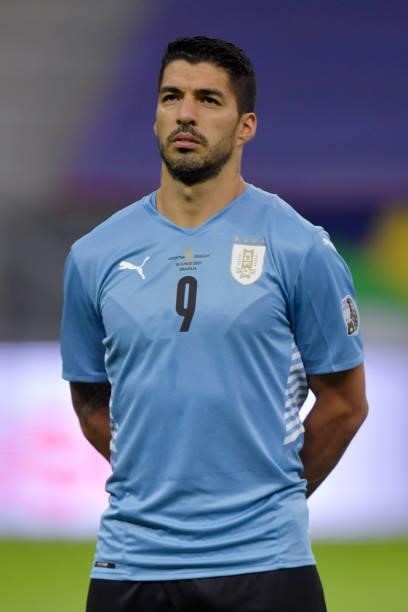 Luis Suarez of Uruguay looks on prior to a group A match between Argentina and Chile as part of Conmebol Copa America Brazil 2021 at Mane Garrincha...