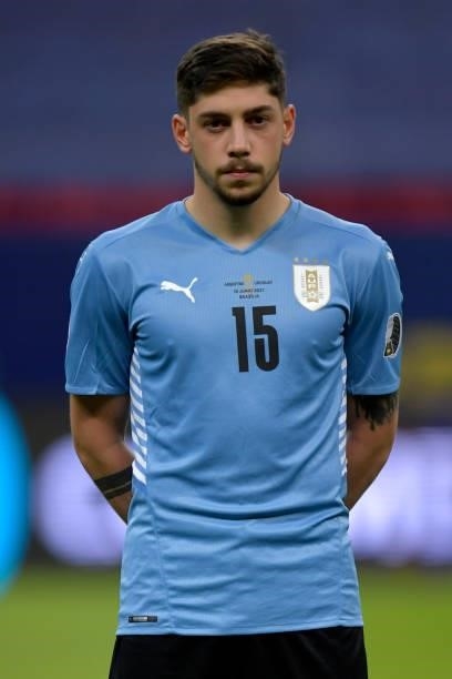 Federico Valverde of Uruguay looks on prior to a group A match between Argentina and Chile as part of Conmebol Copa America Brazil 2021 at Mane...
