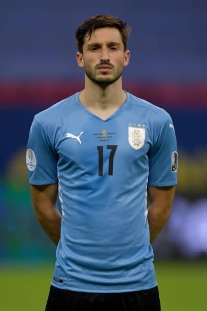 Matias Viña of Uruguay looks on prior to a group A match between Argentina and Chile as part of Conmebol Copa America Brazil 2021 at Mane Garrincha...