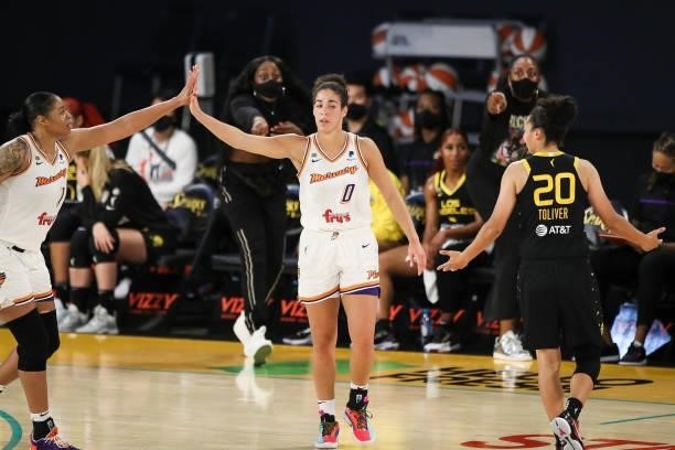 Center Kia Vaughn and guard Kia Nurse of the Phoenix Mercury high-five after a foul call against the Los Angeles Sparks in the first half at Los...