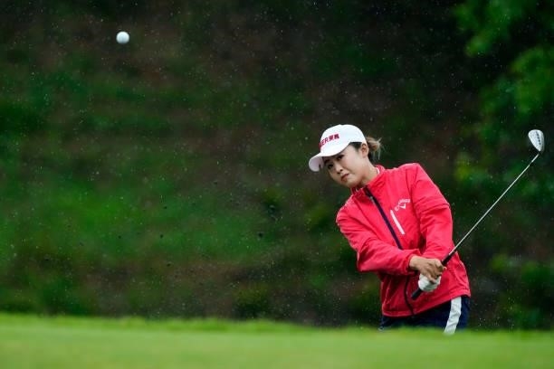 Simin Feng of China hits out from a bunker on the 5th hole during the second round of the Yupiteru Shizuoka Shimbun SBS Ladies at the Shizuoka...