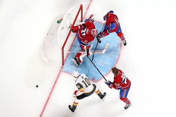 Carey Price of the Montreal Canadiens tends net against Nicolas Roy of the Vegas Golden Knights during the first period in Game Three of the Stanley...